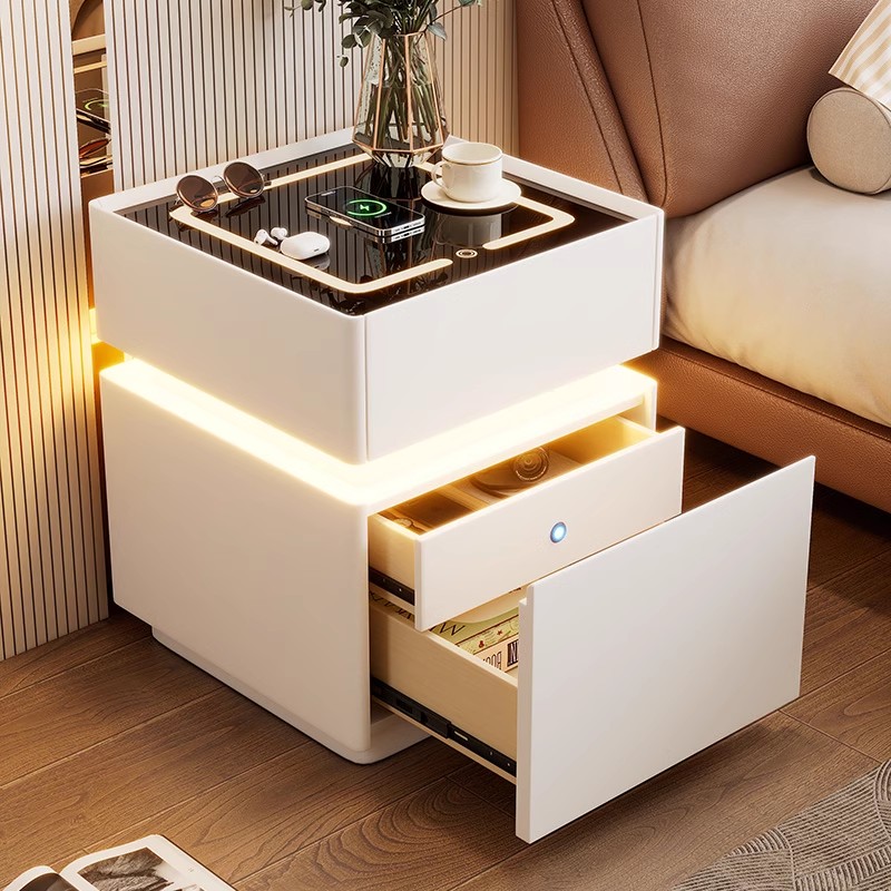 Solid Wood Nightstand 2 Drawers - 센서 조명이 있는 지능형 침대 옆