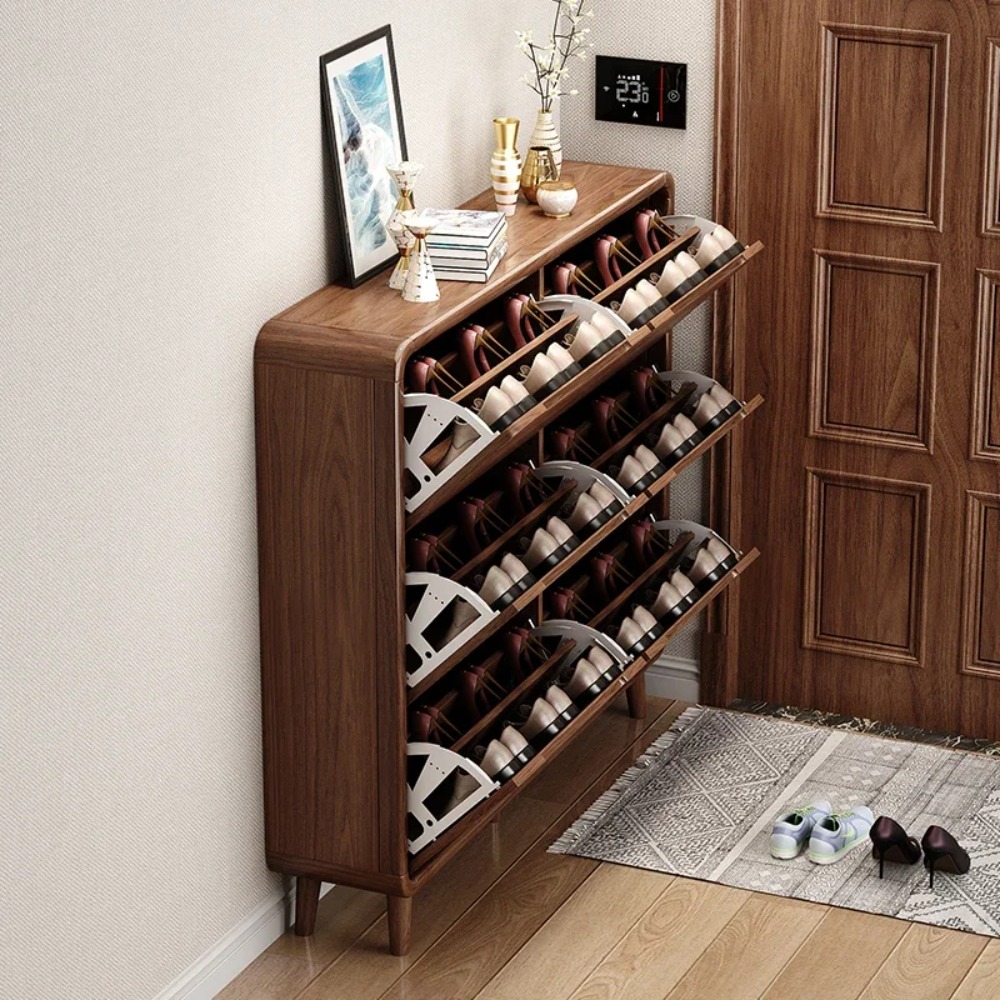 Shoe Rack Cabinet Narrow Entryway - 슬림 플립 도어 신발장, 루스틱 우드