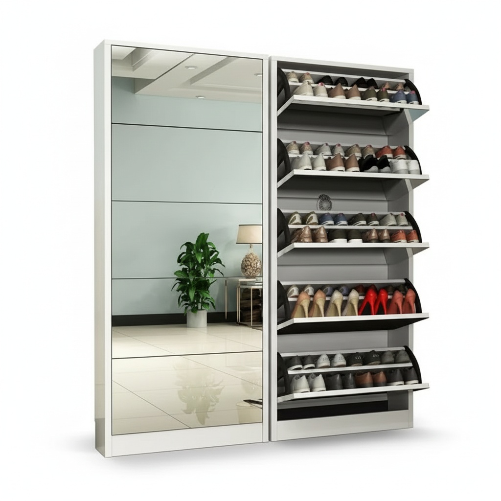 Shoe Rack Cabinet Narrow Entryway - 현대식 원목 신발장, 거울 포함 슬림형