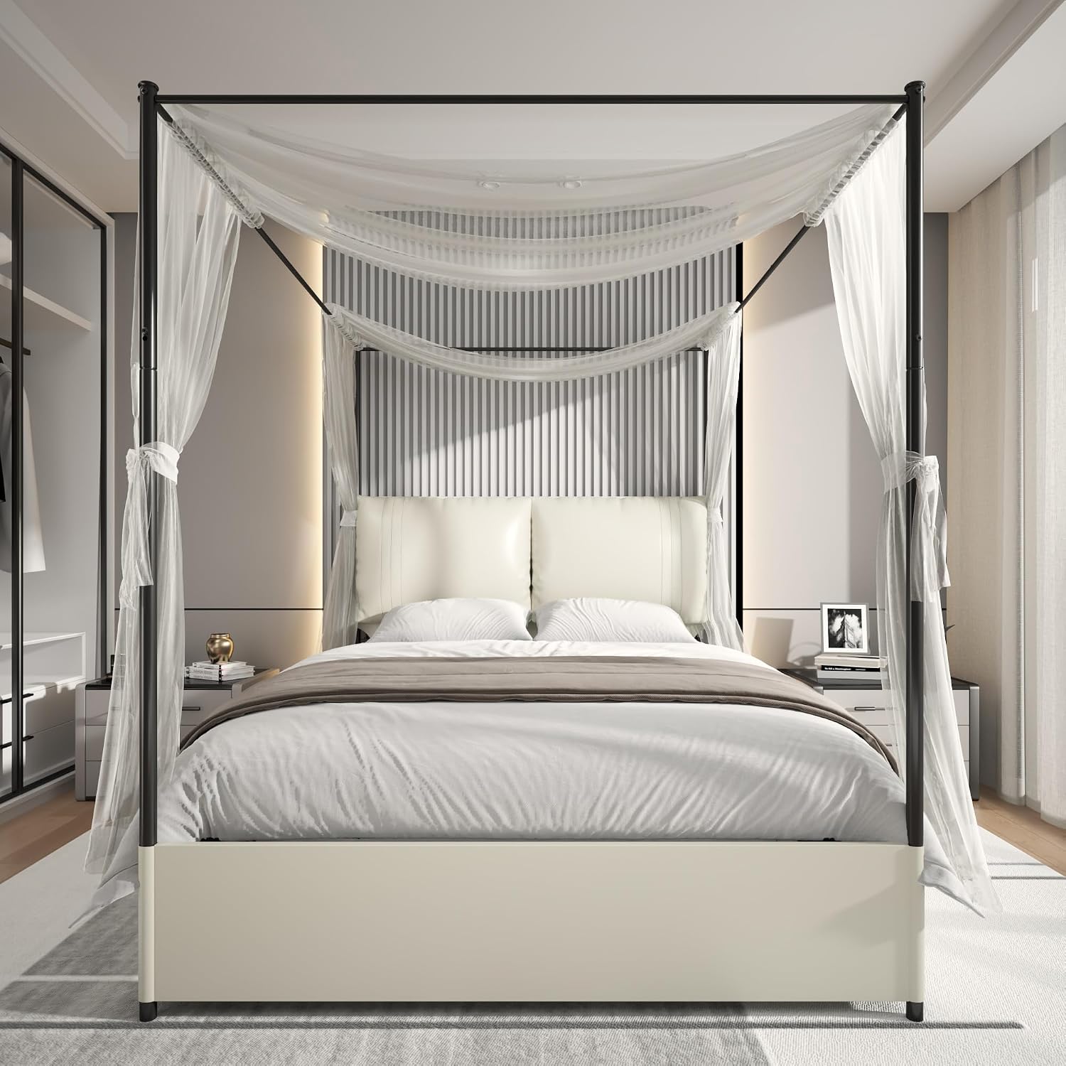 Canopy Bed Frame Metal Queen - 퀸 캐노피 침대 프레임, 패브릭 헤드보드,