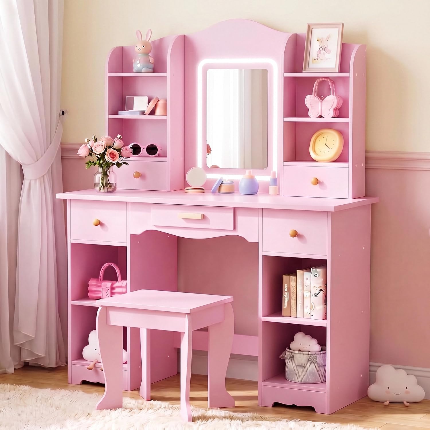 Dressing Table Vanity With Lighted Mirror - 어린이용 화장대 세트 (3색 조명, 대용량