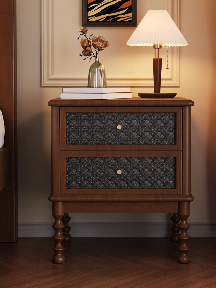 Solid Wood Nightstand 2 Drawers - 빈티지 나이트 스탠드 인쇄 유리 단단한