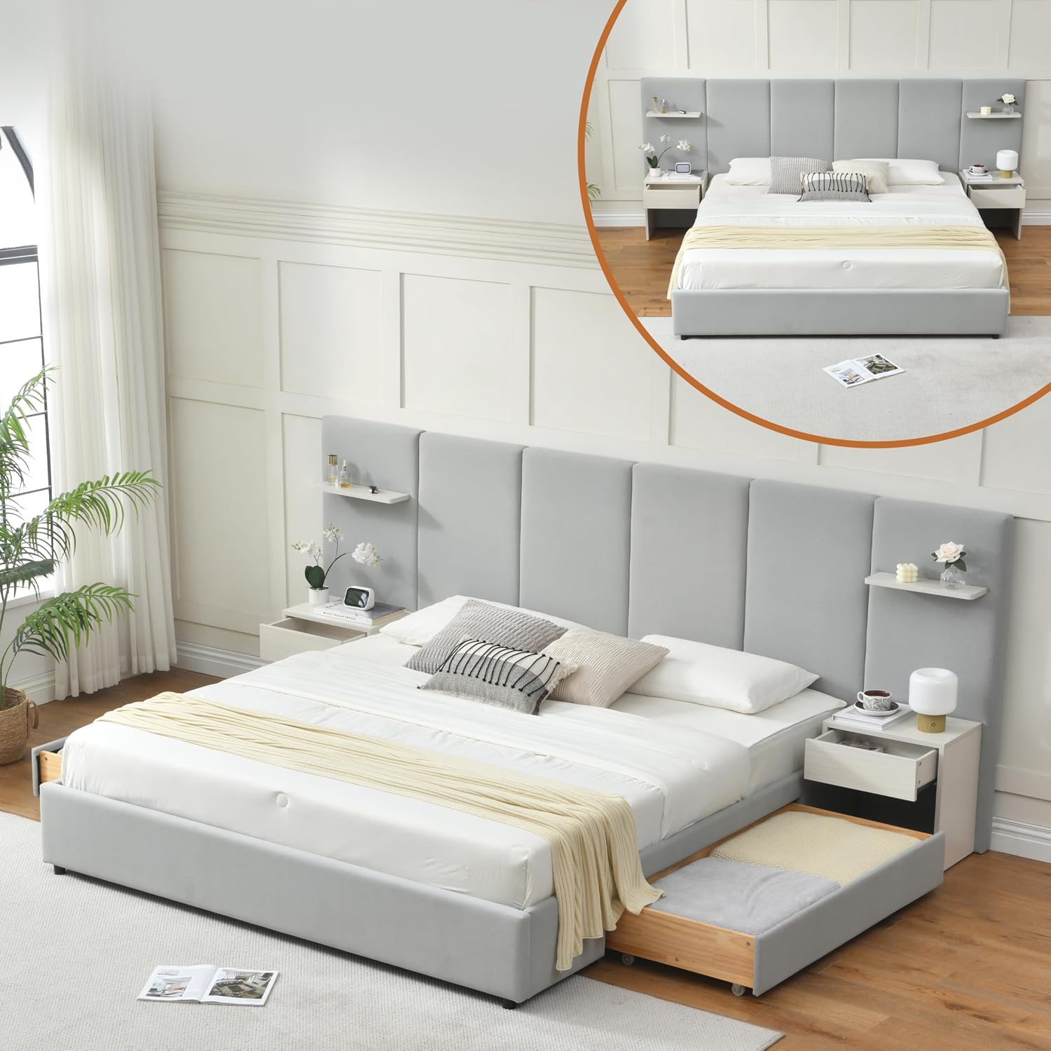 King Size Bed Frame With Storage Drawers - 킹사이즈 침대 프레임(수납공간, 내장형 나이트스탠드 및