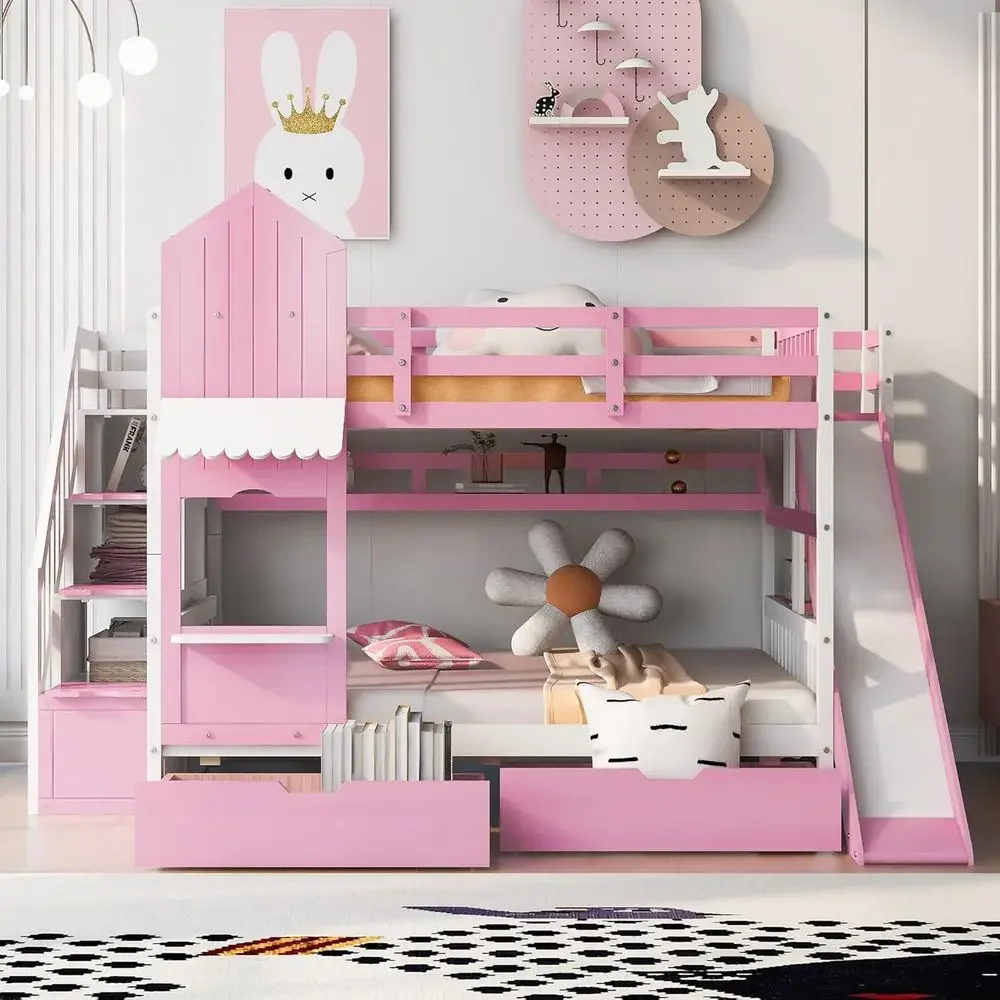 Bunk Bed With Stairs And Slide - 계단, 슬라이드, 수납 서랍이 있는 어린이