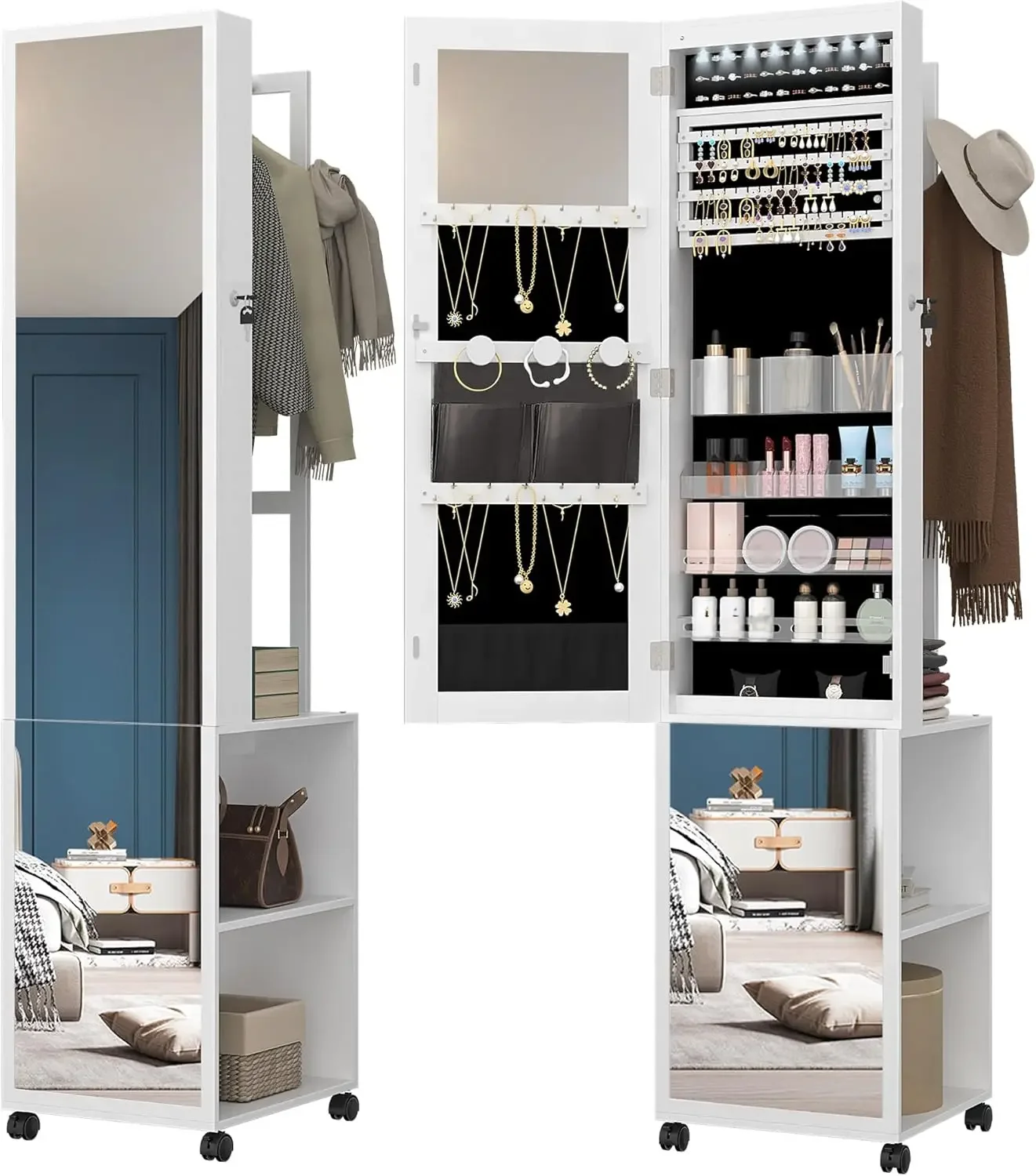 Full Length Mirror Jewelry Armoire - 8개의 LED 조명이 있는 보석장, 66.9인치