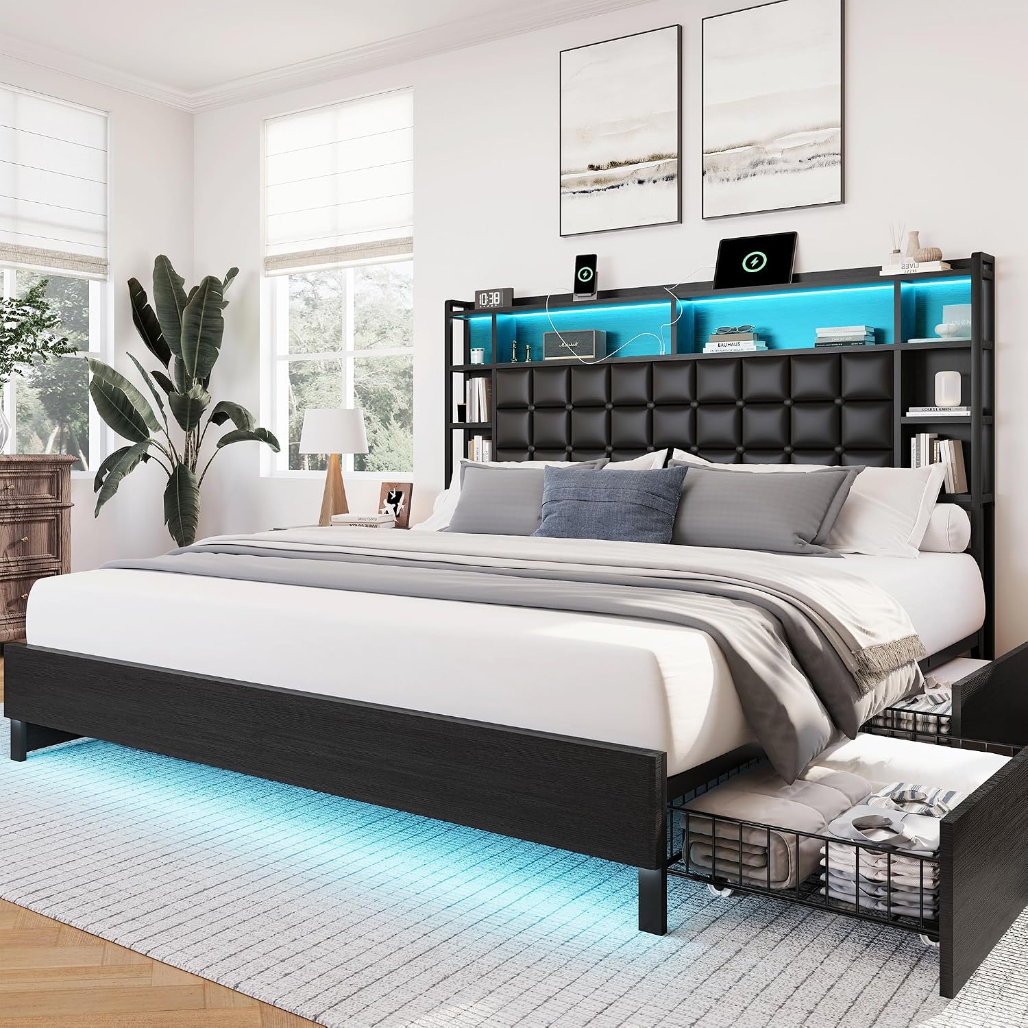 King Size Bed Frame With Storage Drawers - 킹사이즈 원목 침대 프레임 (수납 서랍