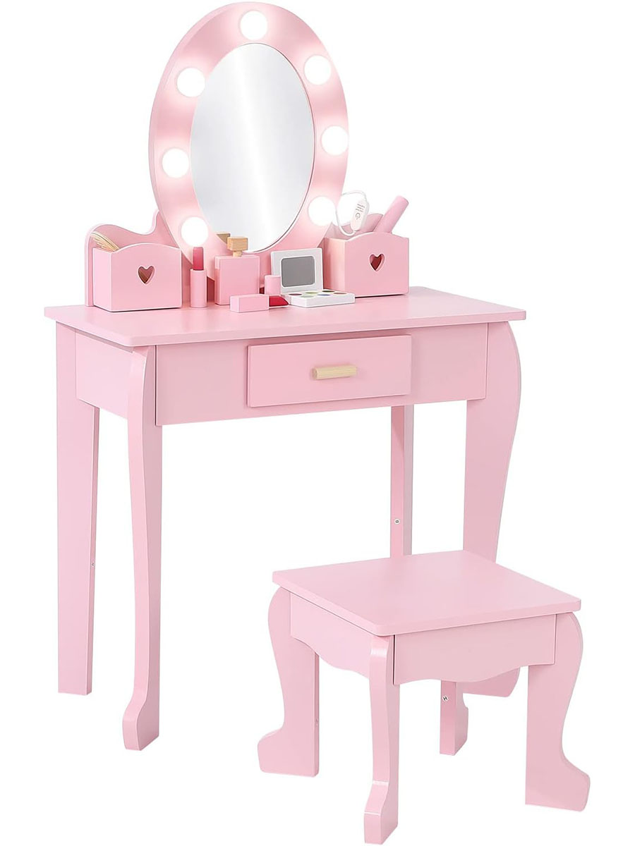 Dressing Table Vanity With Lighted Mirror - 어린이 화장대 세트(조명&거울 포함), 서랍&수납함 2개,
