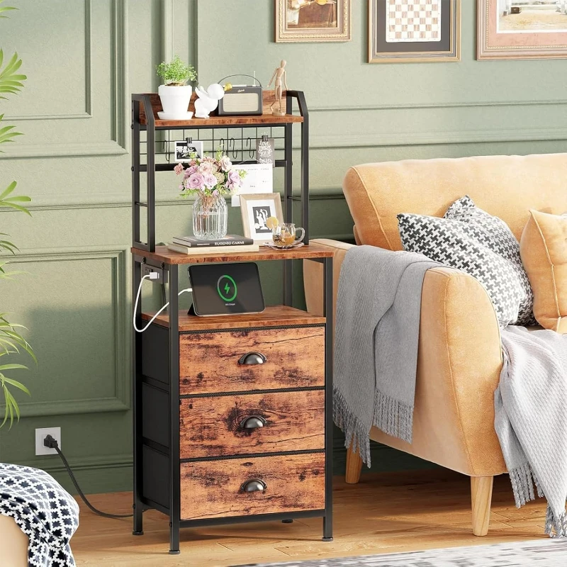 Solid Wood Nightstand 2 Drawers - 40인치 높이의 충전 스테이션과 LED 조명이