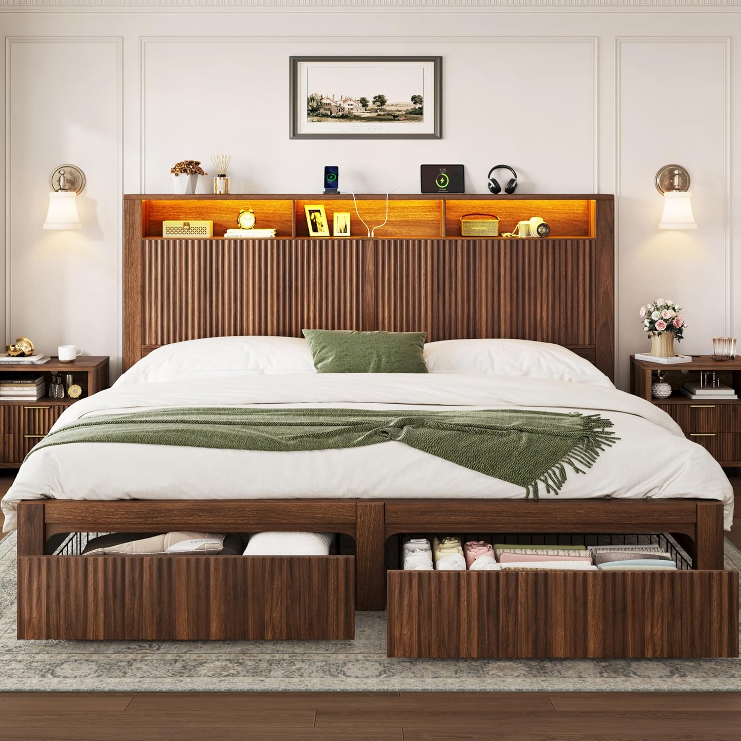 King Size Bed Frame With Storage Drawers - 킹사이즈 침대 프레임 및 헤드보드& 수납