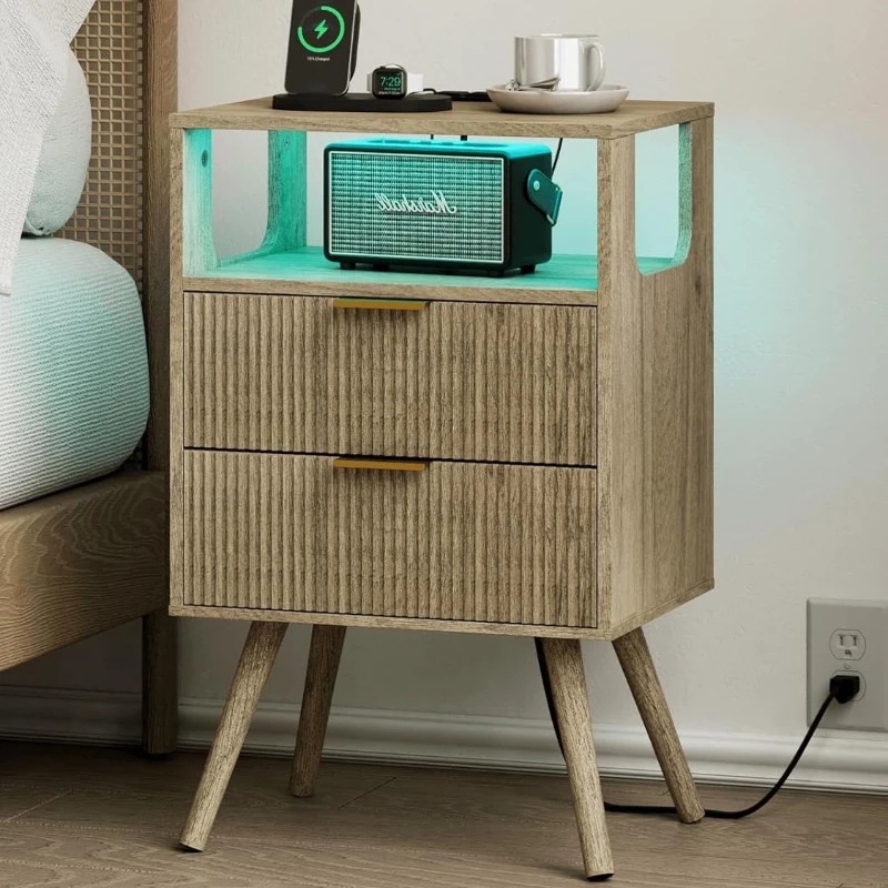 Solid Wood Nightstand 2 Drawers - 모던한 침실용 협탁, 2개의 수납 서랍과