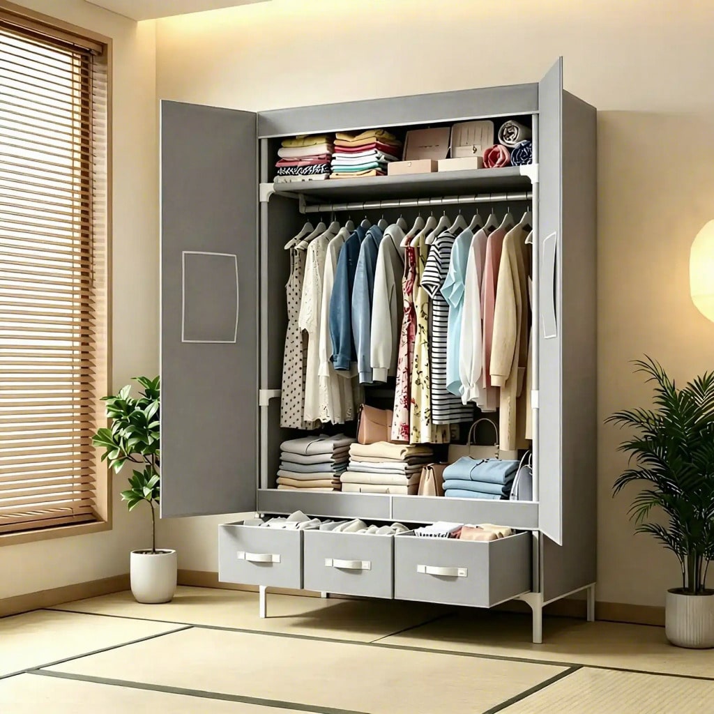 Wardrobe Closet Portable Fabric Cover - 휴대용 옷장, 57.48인치 옷 정리함, 3개의