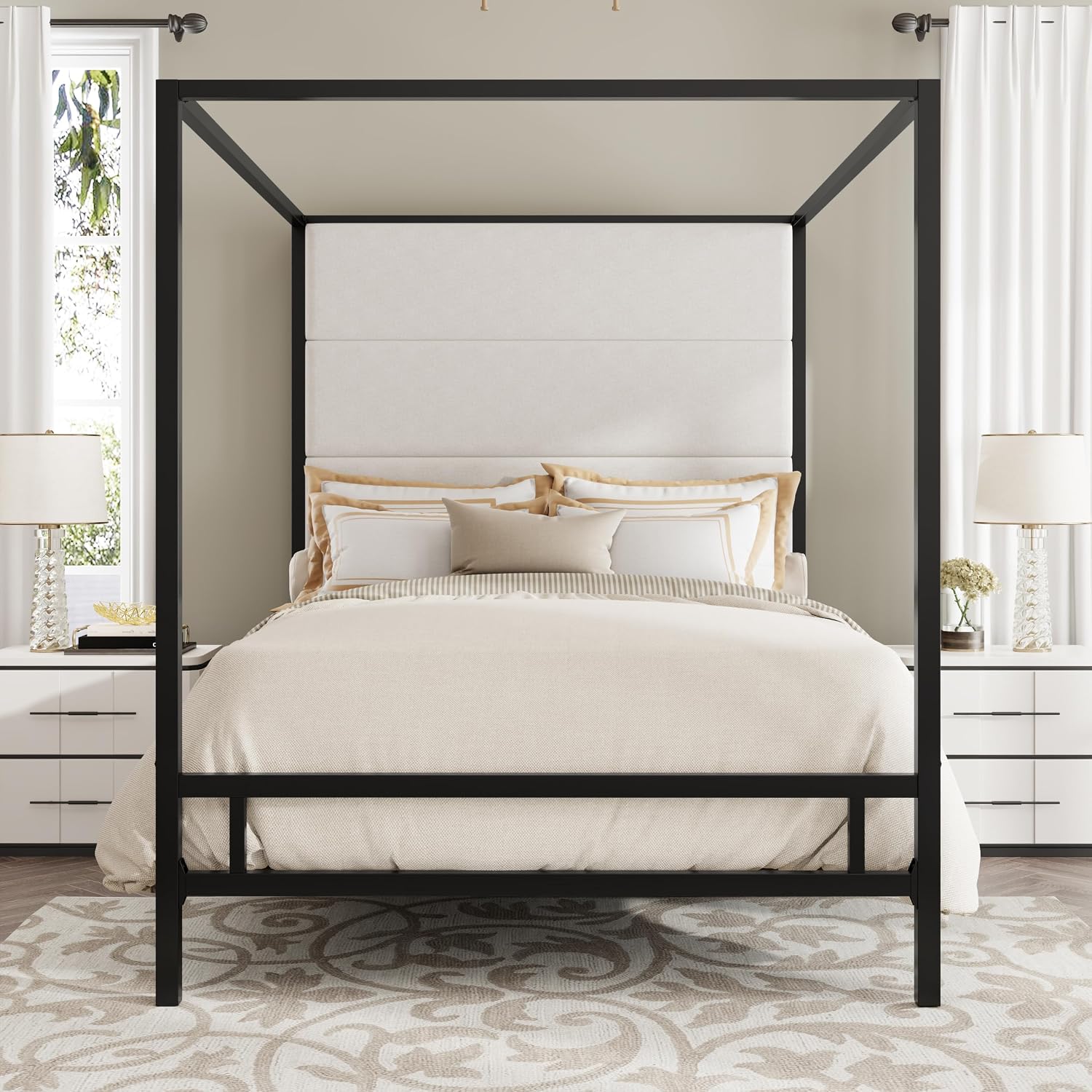 Canopy Bed Frame Metal Queen - 퀸 침대 프레임, 금속 4포스터 디자인,