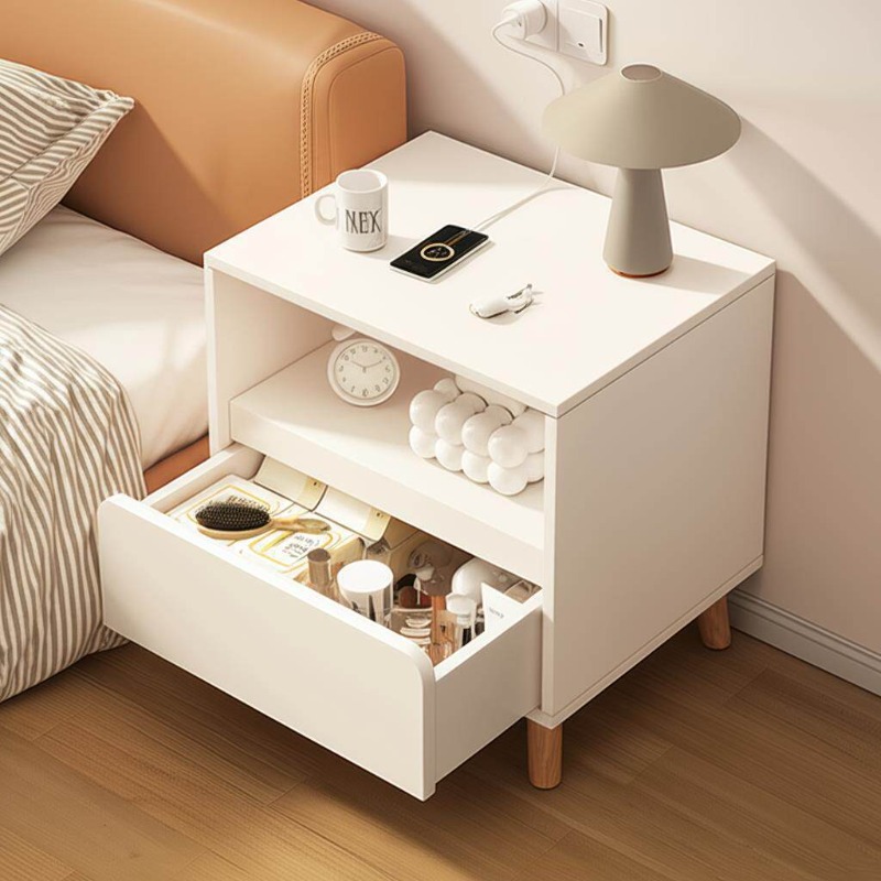 Solid Wood Nightstand 2 Drawers - 흰색 침대 옆 탁자 서랍이 있는