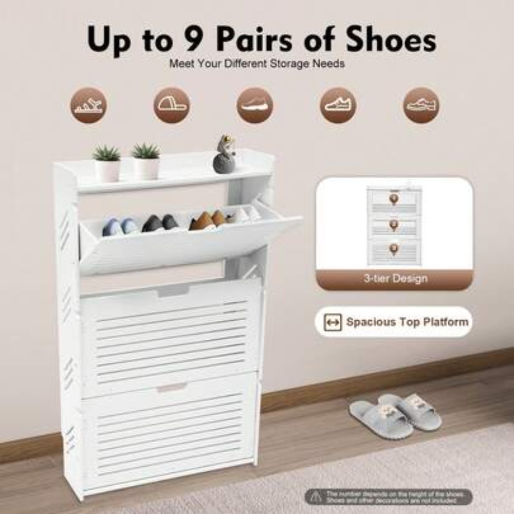 Shoe Rack Cabinet Narrow Entryway - 현대식 신발 수납장 3단 플립업 화이트