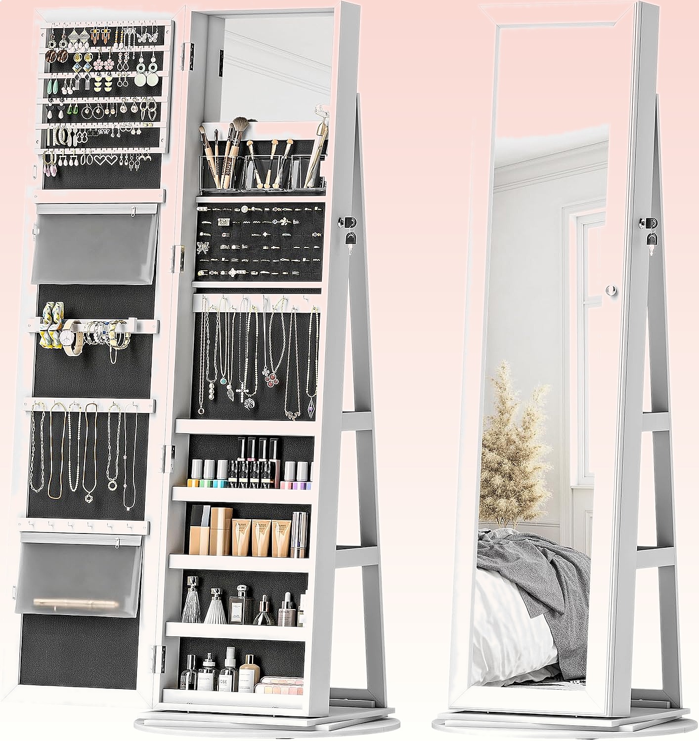 Full Length Mirror Jewelry Armoire - HOMCOM 360 ° 회전식 잠금장치가 있는