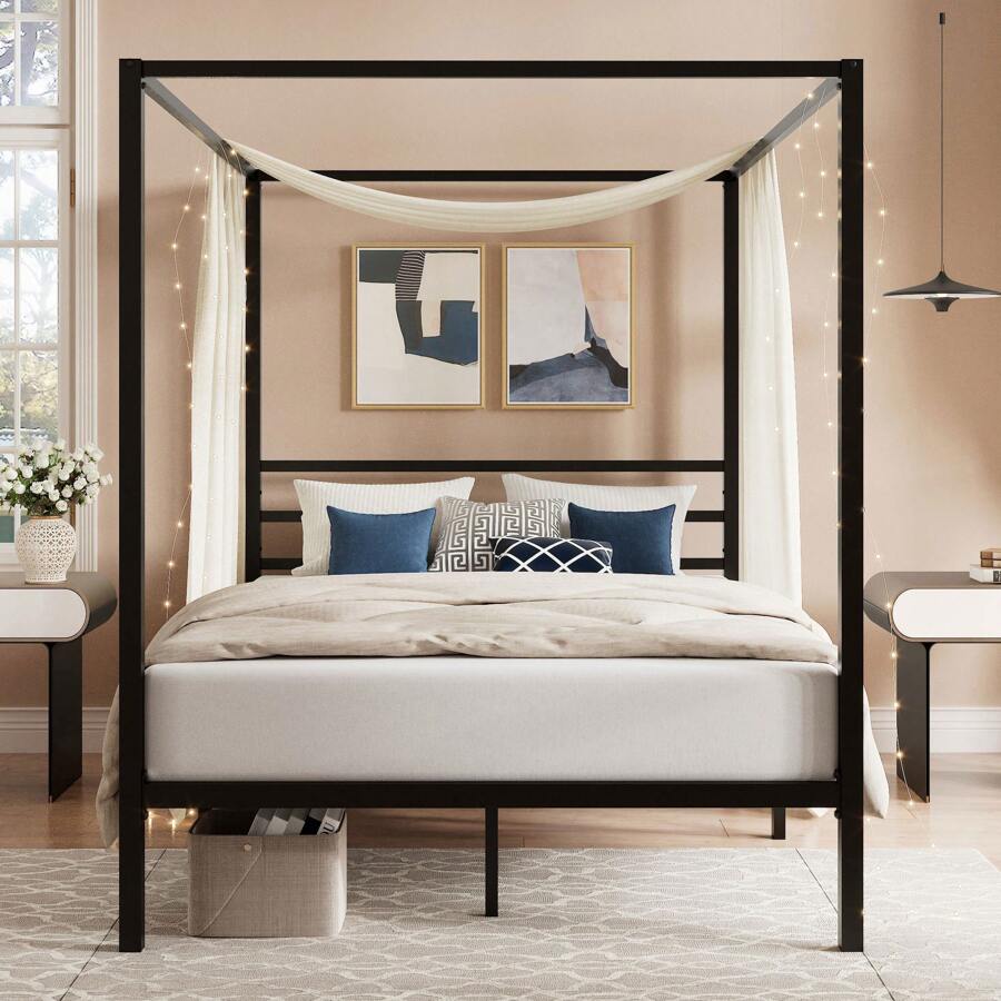 Canopy Bed Frame Metal Queen - 블랙 캐노피 침대 프레임, 풀/퀸 사이즈,