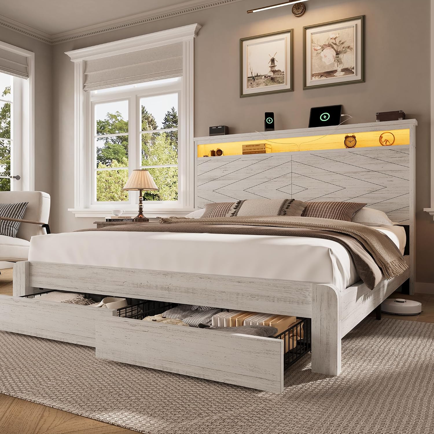 King Size Bed Frame With Storage Drawers - 킹사이즈 원목 플랫폼 침대 프레임 (헤드보드