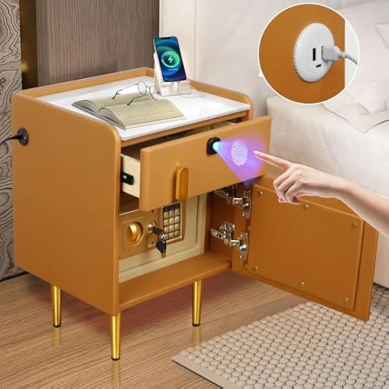 Solid Wood Nightstand 2 Drawers - 숨겨진 금고와 지문 잠금 서랍이 있는