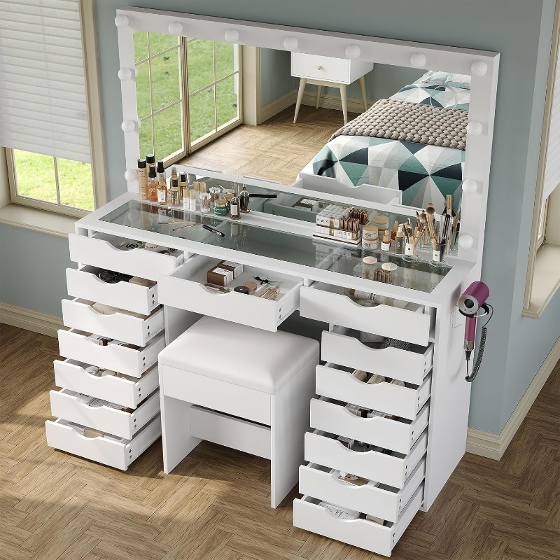 Dressing Table Vanity With Lighted Mirror - 야노사쿠 화장대(거울과 조명 포함), 충전 스테이션이