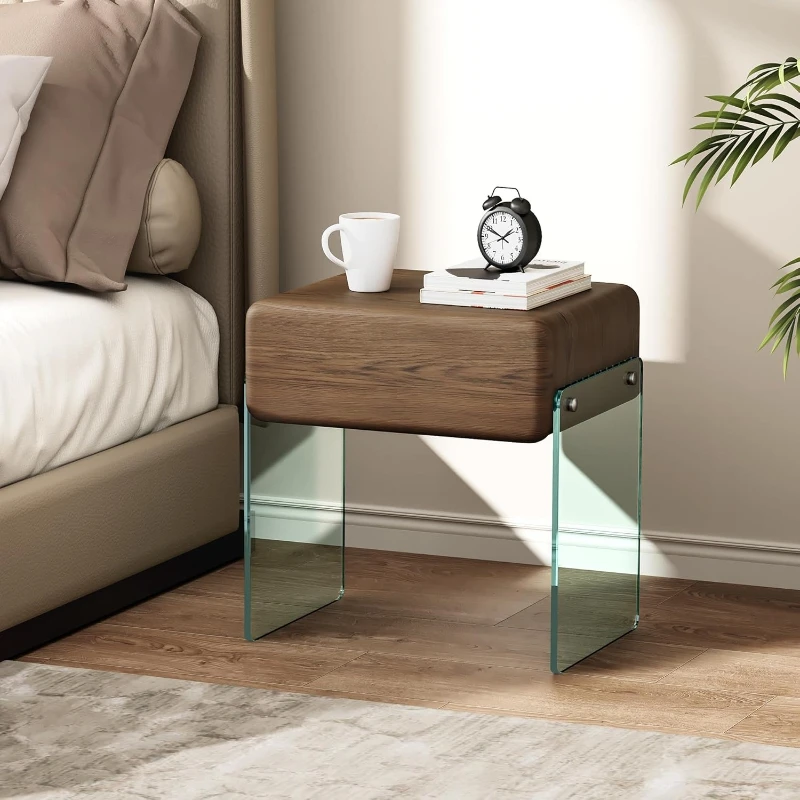 Solid Wood Nightstand 2 Drawers - 침실용 협탁 서랍 테이블, 투명 유리