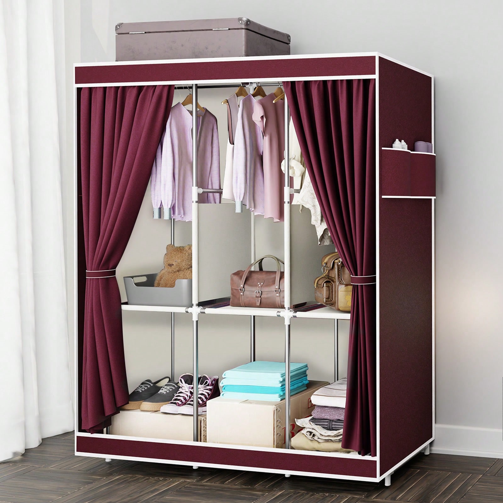 Wardrobe Closet Portable Fabric Cover - 65인치 휴대용 옷장, 선반 및 걸이봉