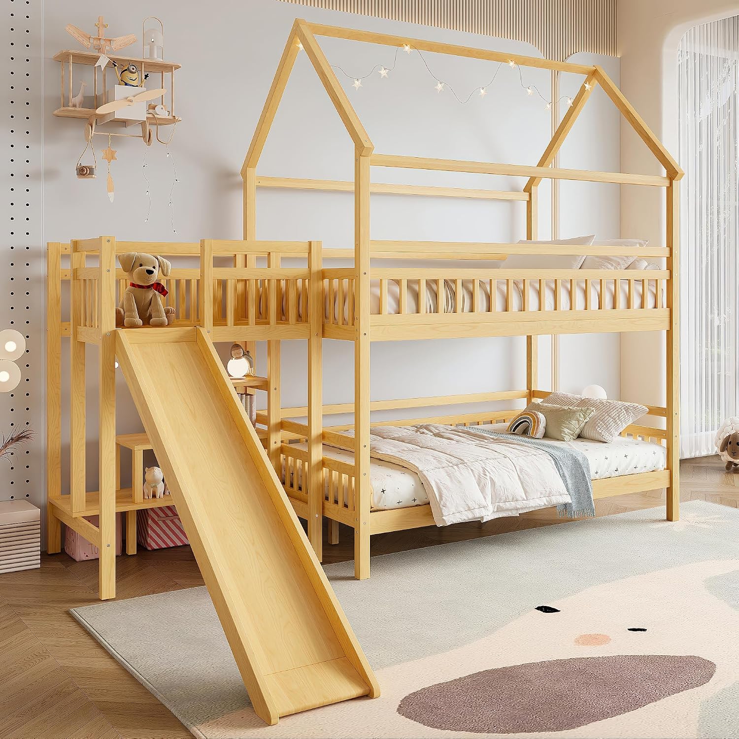 Bunk Bed With Stairs And Slide - 플레이하우스 디자인 지붕이 있는 풀오버 풀
