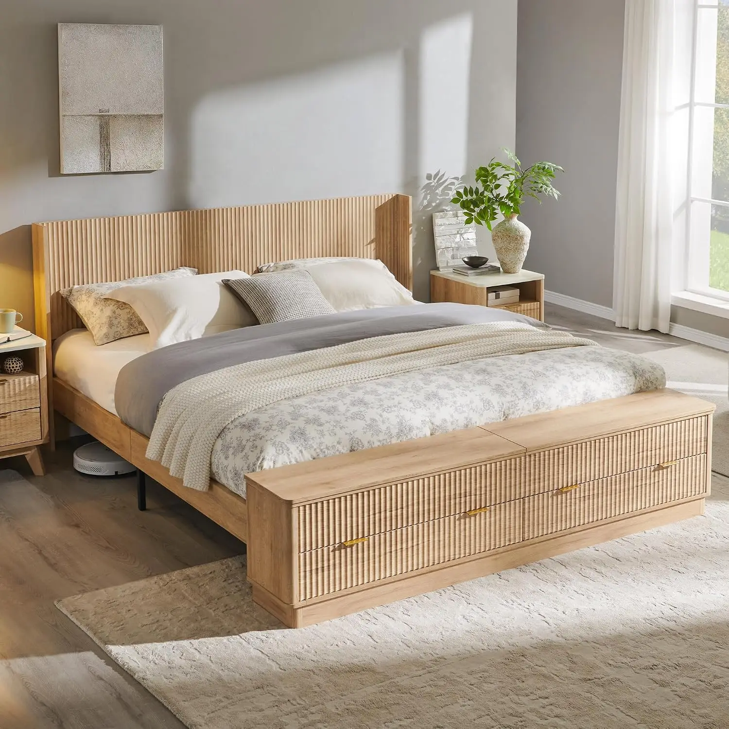 플루티드 킹사이즈 침대 프레임(헤드보드 및 수납 벤치  - King Size Bed Frame With Storage Drawers 리뷰 및 가격