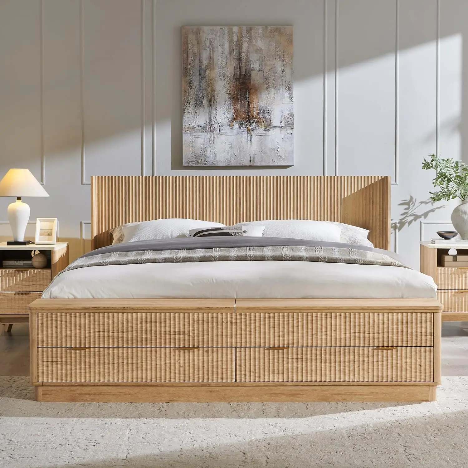 플루티드 킹사이즈 침대 프레임(헤드보드 및 수납 벤치  - King Size Bed Frame With Storage Drawers 리뷰 및 가격