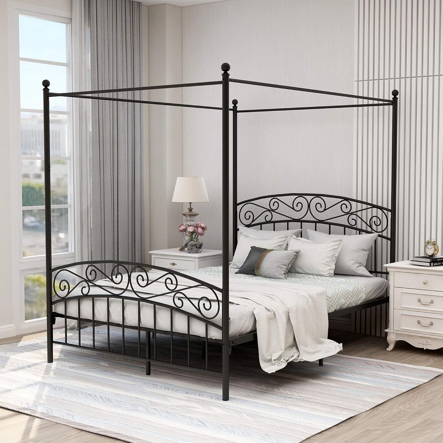 퀸 사이즈 금속 캐노피 침대 프레임, 헤드보드 및 풋보 - Canopy Bed Frame Metal Queen 리뷰 및 가격