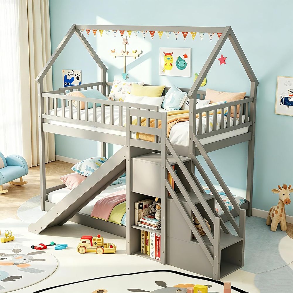 슬라이드와 계단이 있는 트윈 오버 트윈 벙커 침대, 수 - Bunk Bed With Stairs And Slide 리뷰 및 가격