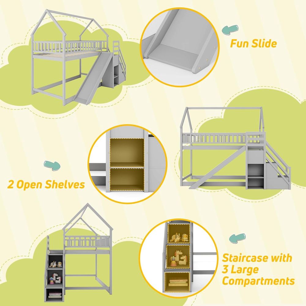 슬라이드와 계단이 있는 트윈 오버 트윈 벙커 침대, 수 - Bunk Bed With Stairs And Slide 리뷰 및 가격