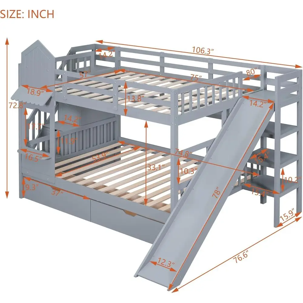 계단, 슬라이드, 수납 서랍, 책장이 포함된 풀사이즈  - Bunk Bed With Stairs And Slide 리뷰 및 가격