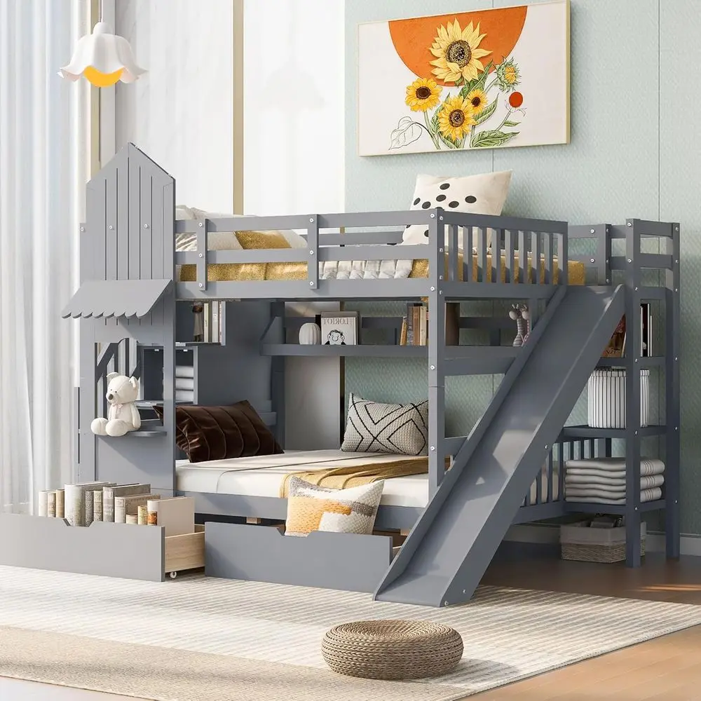 계단, 슬라이드, 수납 서랍, 책장이 포함된 풀사이즈  - Bunk Bed With Stairs And Slide 리뷰 및 가격