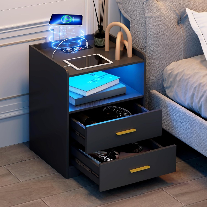충전 스테이션이 있는 블랙 LED 나이트스탠드 모던한  - Solid Wood Nightstand 2 Drawers 리뷰 및 가격