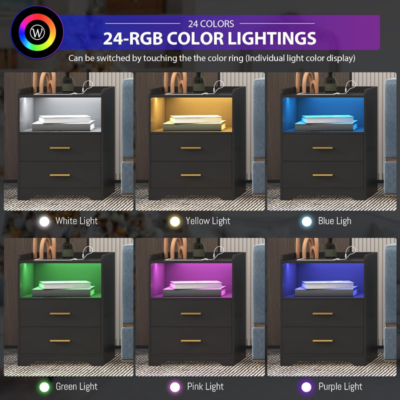 충전 스테이션이 있는 블랙 LED 나이트스탠드 모던한  - Solid Wood Nightstand 2 Drawers 리뷰 및 가격