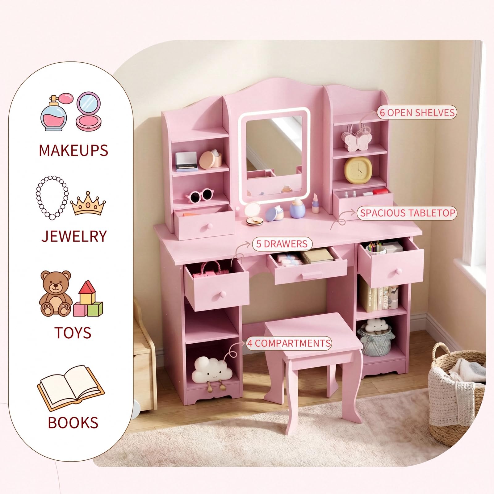 어린이용 화장대 세트 (3색 조명, 대용량 수납공간,  - Dressing Table Vanity With Lighted Mirror 리뷰 및 가격