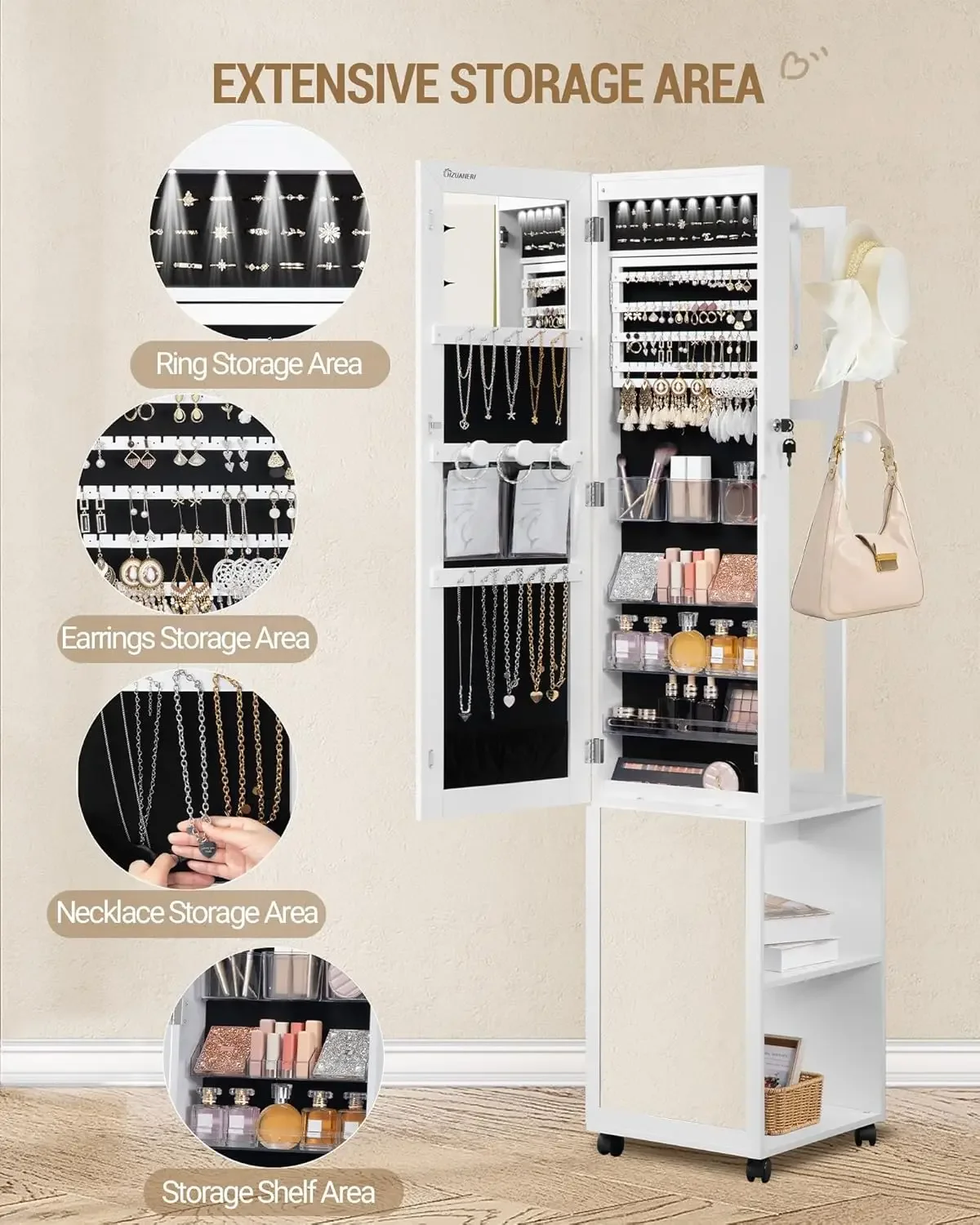 8개의 LED 조명이 있는 보석장, 66.9인치 보석  - Full Length Mirror Jewelry Armoire 리뷰 및 가격