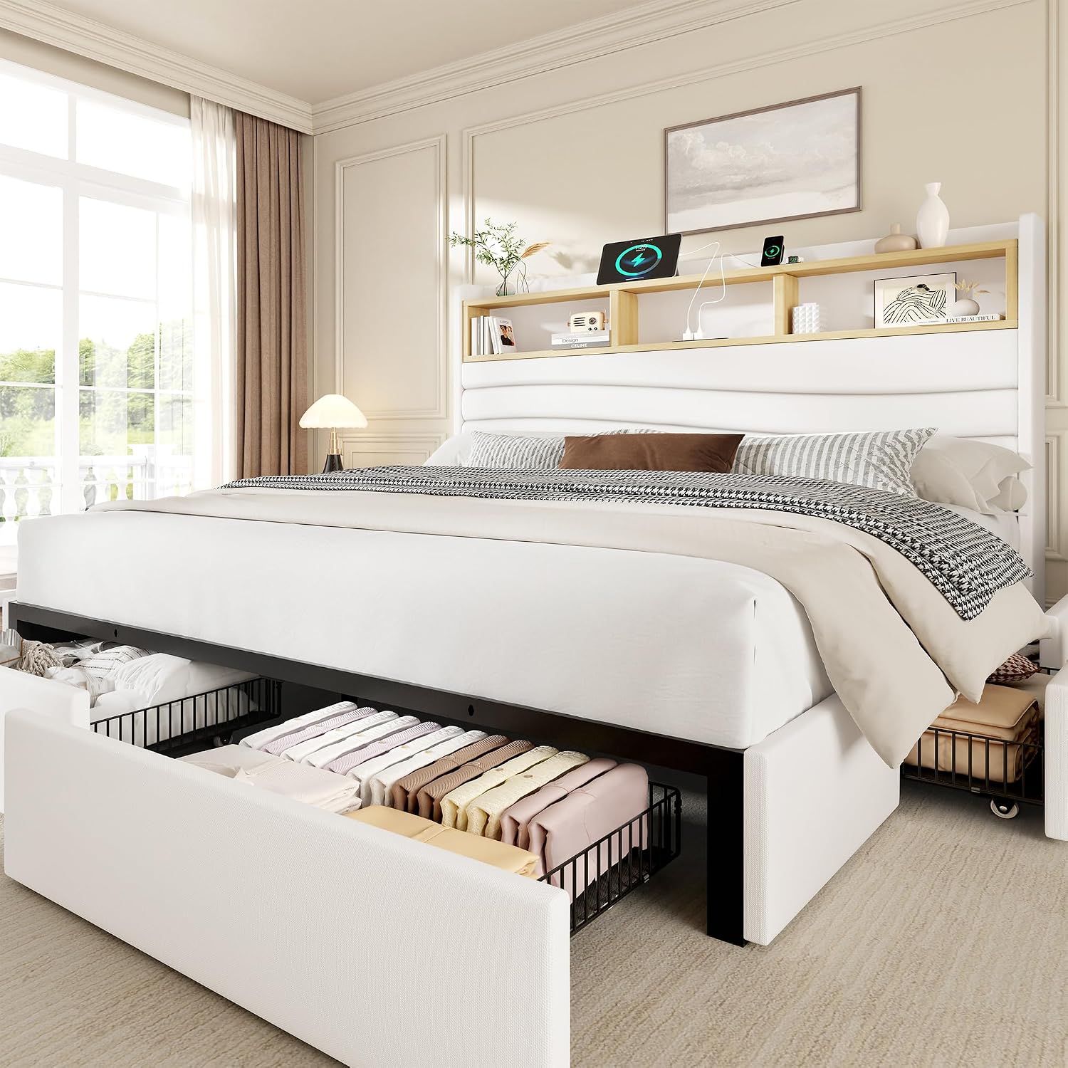 킹사이즈 침대 프레임(6개 수납 서랍 포함), 린넨 커 - King Size Bed Frame With Storage Drawers 리뷰 및 가격