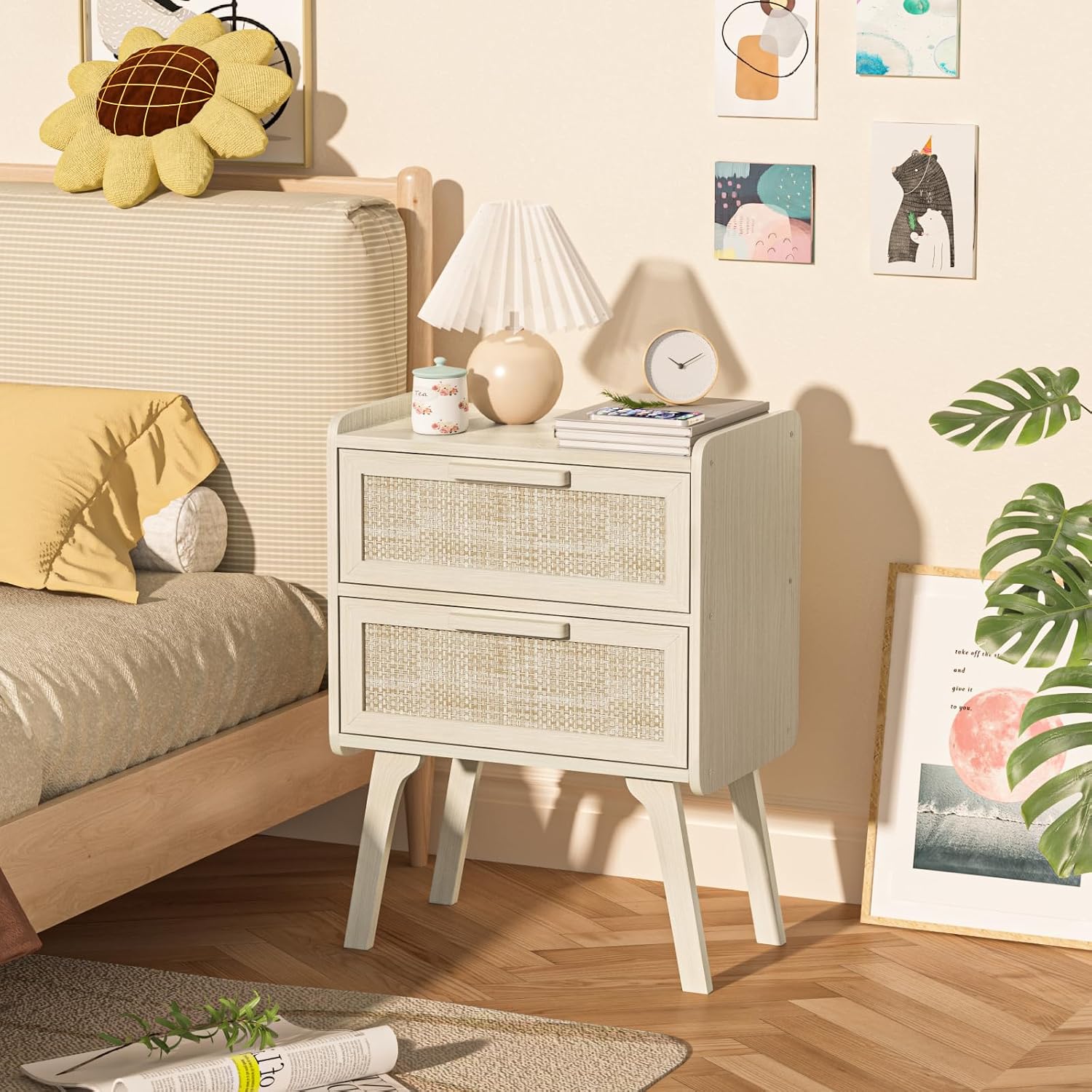 라탄 나이트스탠드 2개 세트, 2단 서랍 침대 옆 탁자 - Solid Wood Nightstand 2 Drawers 리뷰 및 가격