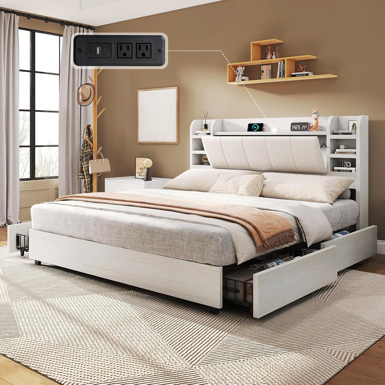 킹사이즈 덮개형 플랫폼 침대(책장형 헤드보드 및 4개  - King Size Bed Frame With Storage Drawers 리뷰 및 가격