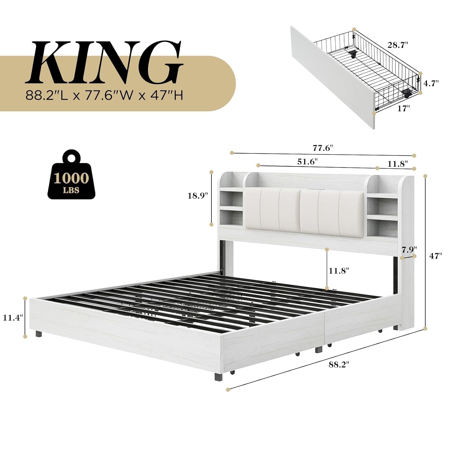 킹사이즈 덮개형 플랫폼 침대(책장형 헤드보드 및 4개  - King Size Bed Frame With Storage Drawers 리뷰 및 가격