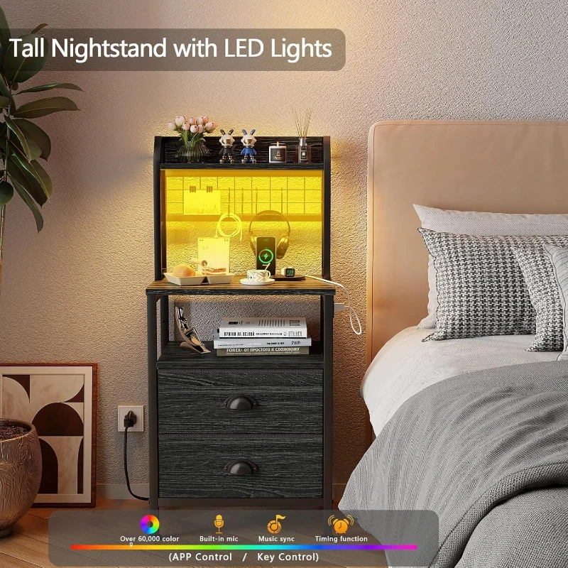 40인치 높이의 충전 스테이션과 LED 조명이 있는 침 - Solid Wood Nightstand 2 Drawers 리뷰 및 가격