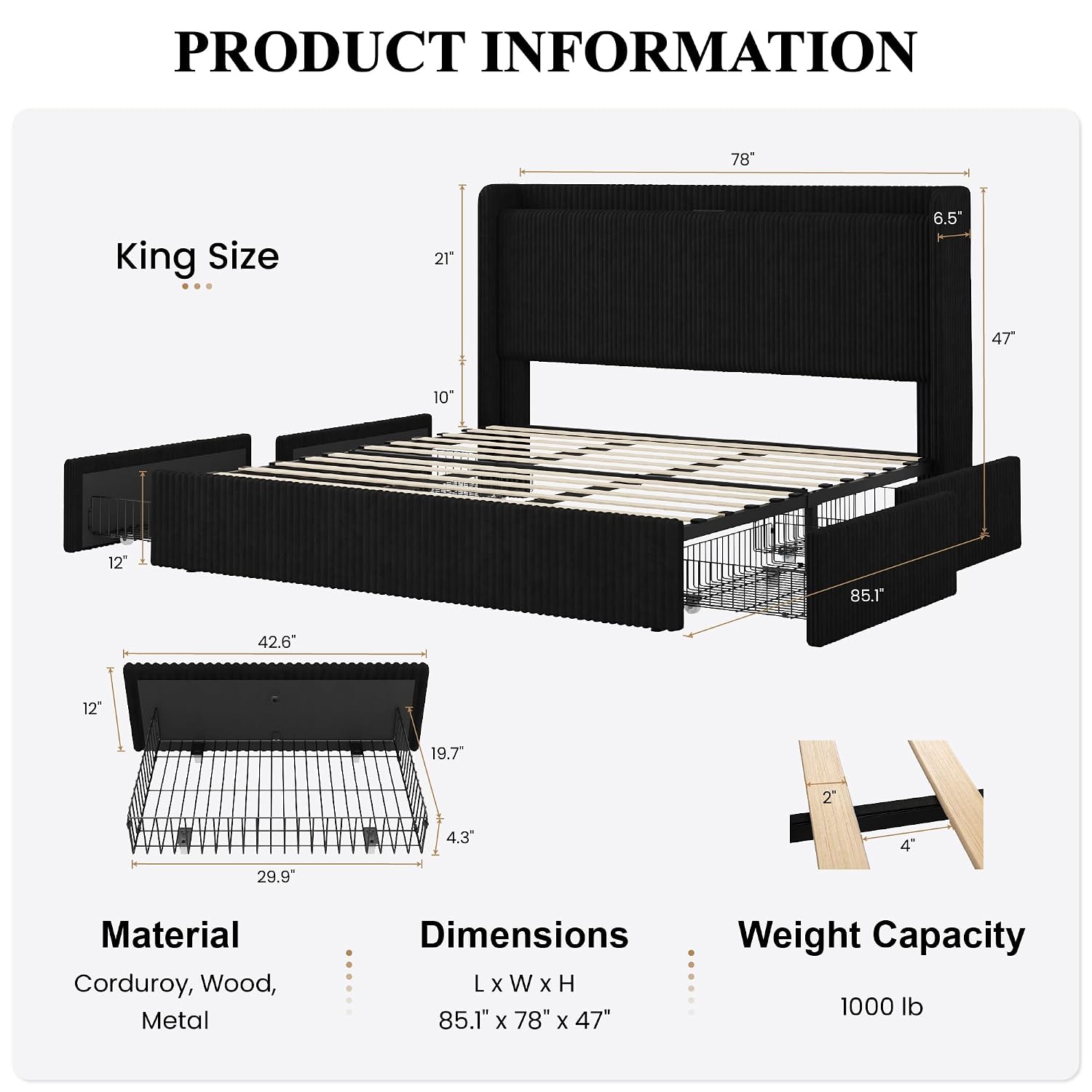 킹사이즈 침대 프레임, 대형 수납 서랍 4개 포함, 블 - King Size Bed Frame With Storage Drawers 리뷰 및 가격