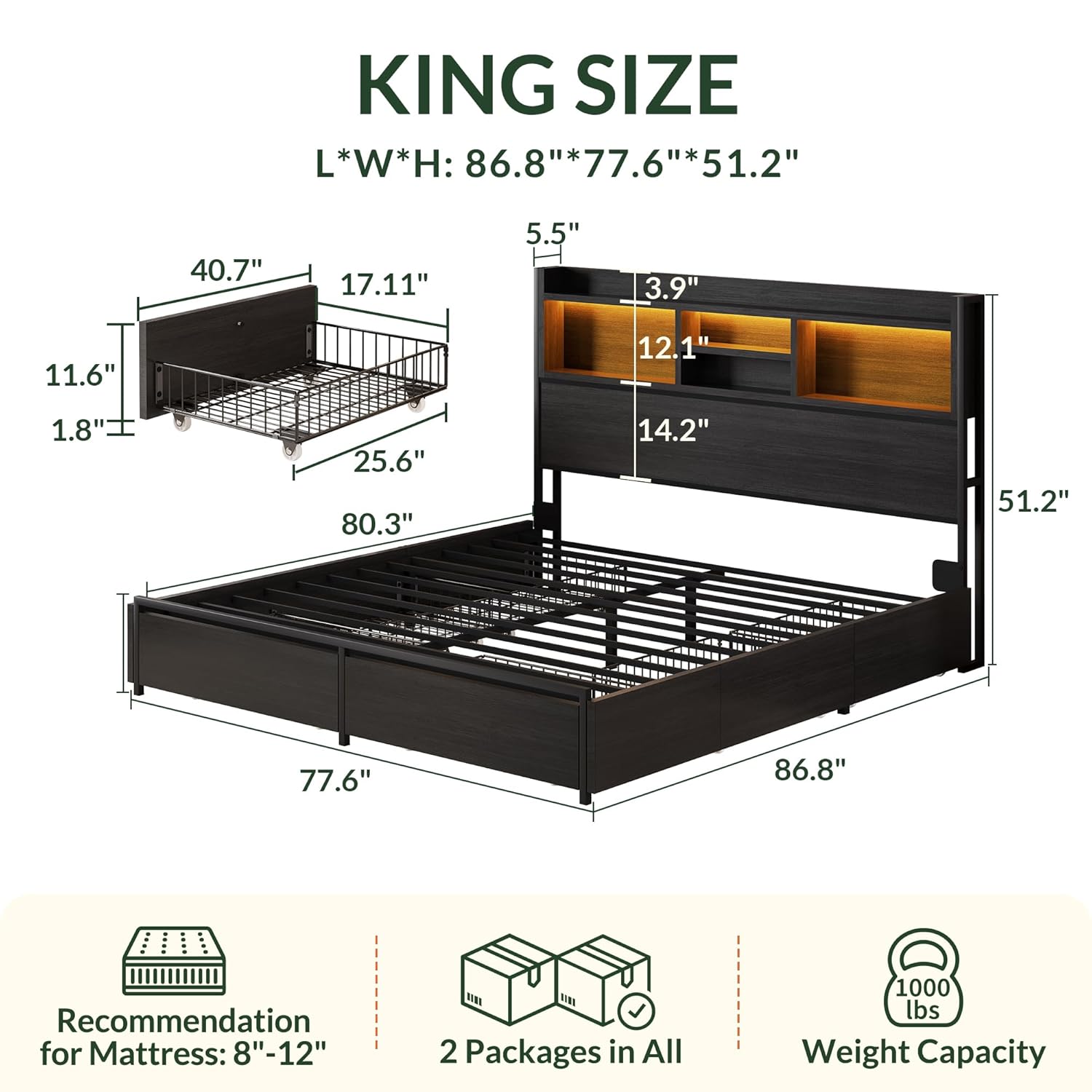 킹사이즈 침대 프레임 (6개 수납 서랍 및 헤드보드 포 - King Size Bed Frame With Storage Drawers 리뷰 및 가격