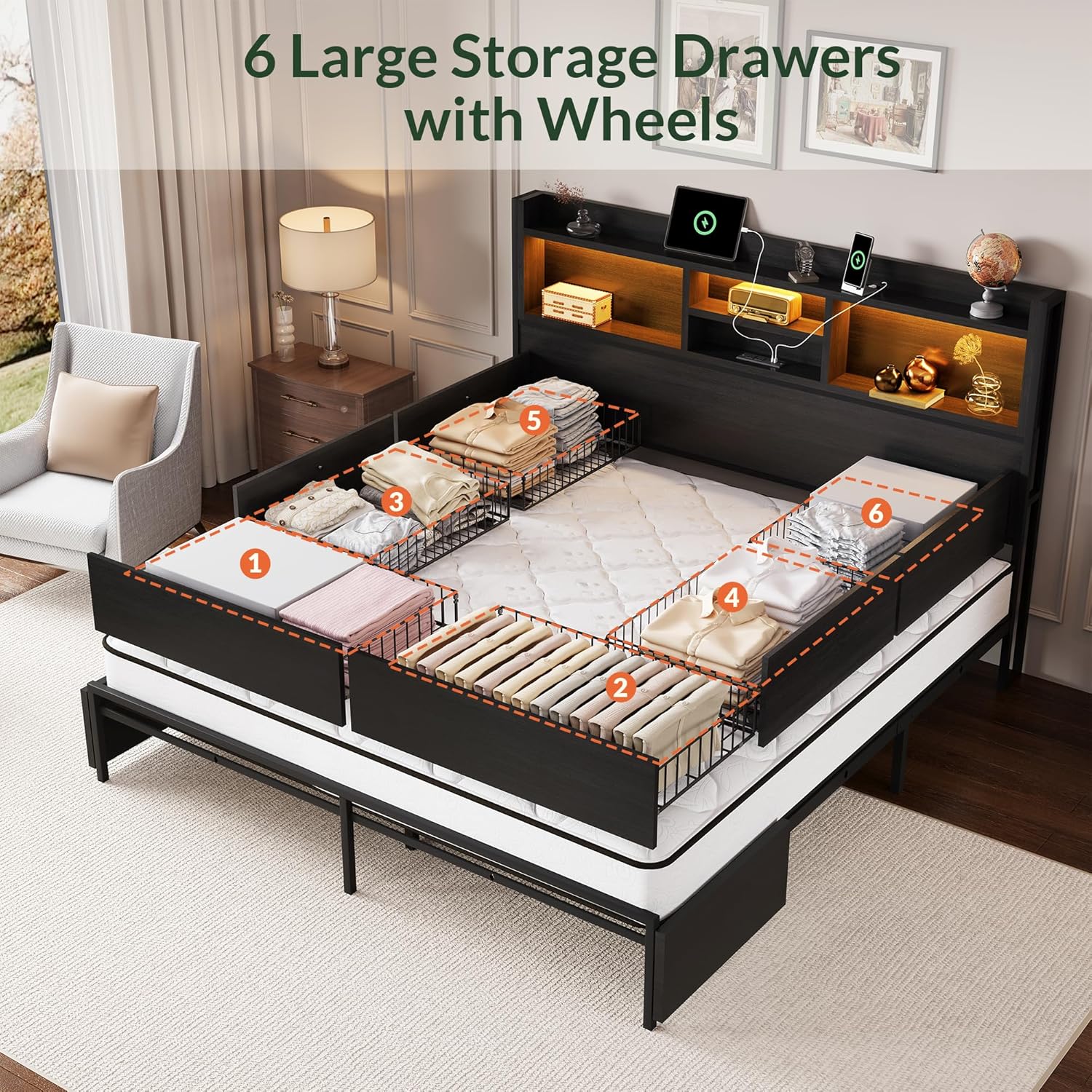 킹사이즈 침대 프레임 (6개 수납 서랍 및 헤드보드 포 - King Size Bed Frame With Storage Drawers 리뷰 및 가격