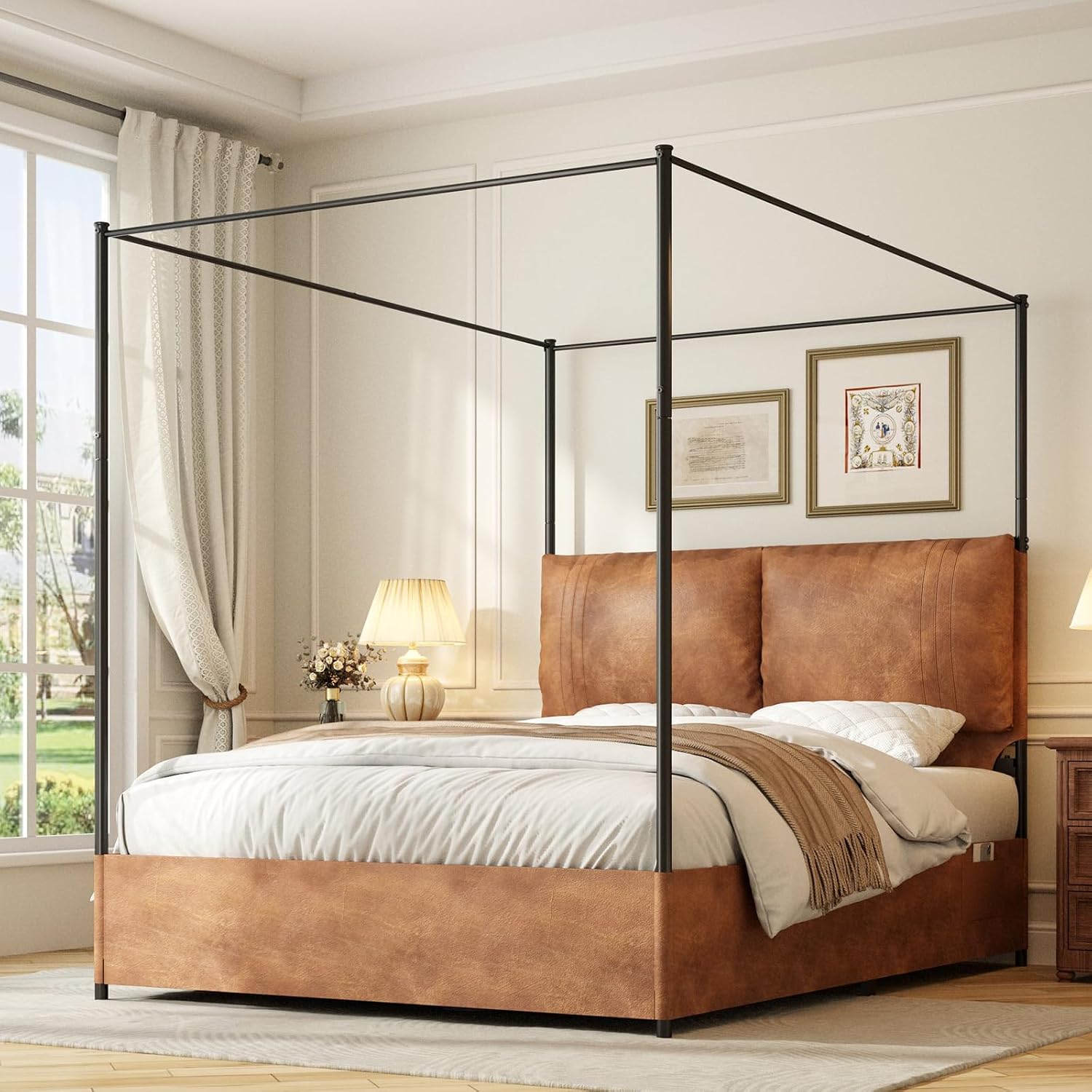 퀸 캐노피 침대 프레임 (높은 인조 가죽 헤드보드 포함 - Canopy Bed Frame Metal Queen 리뷰 및 가격