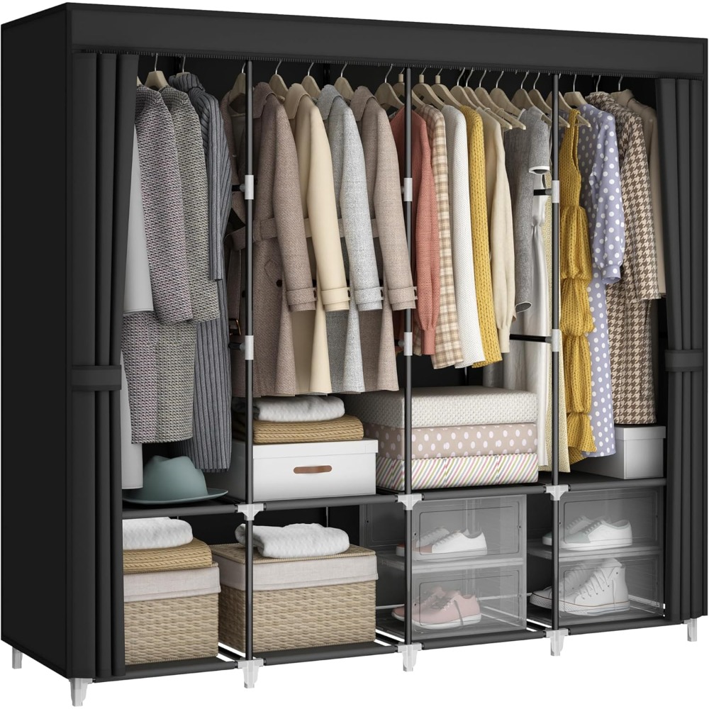 미국 배송 휴대용 옷장 67인치 옷 정리함 4개의 걸이 - Wardrobe Closet Portable Fabric Cover 리뷰 및 가격