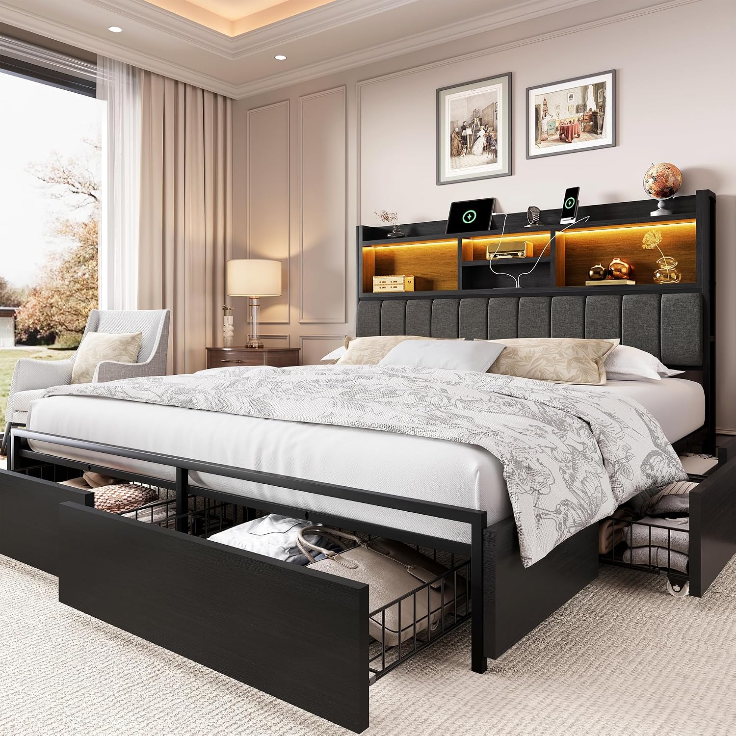 킹사이즈 침대 프레임, 6개 수납 서랍 포함, 린넨 소 - King Size Bed Frame With Storage Drawers 리뷰 및 가격