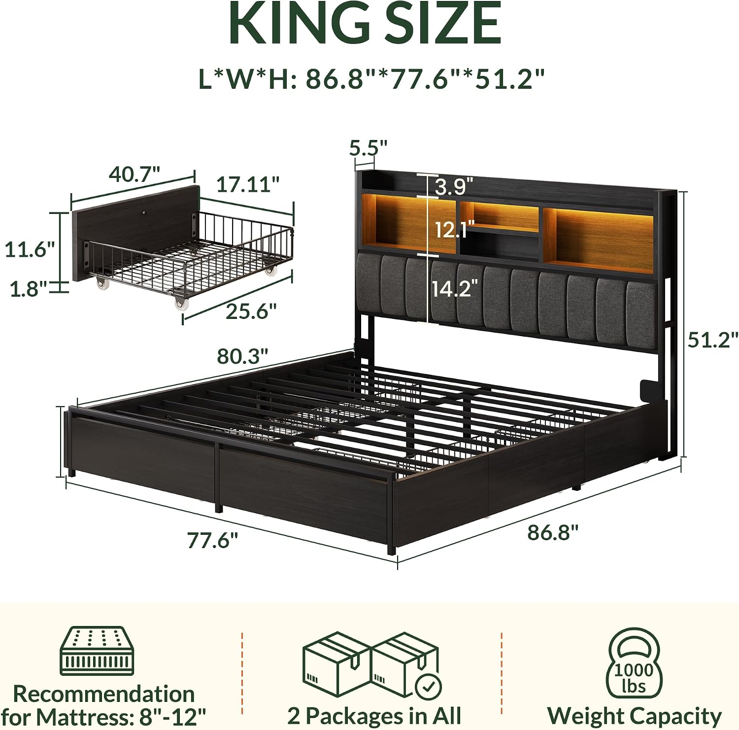킹사이즈 침대 프레임, 6개 수납 서랍 포함, 린넨 소 - King Size Bed Frame With Storage Drawers 리뷰 및 가격