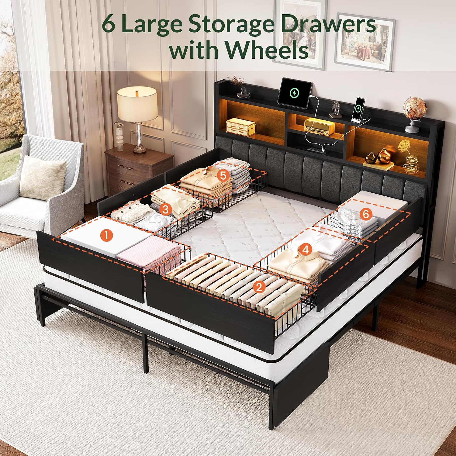 킹사이즈 침대 프레임, 6개 수납 서랍 포함, 린넨 소 - King Size Bed Frame With Storage Drawers 리뷰 및 가격